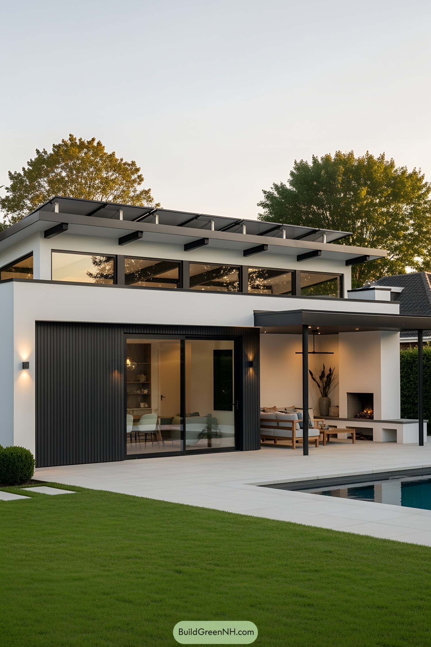 Stylish pool house with sleek design and green lawn