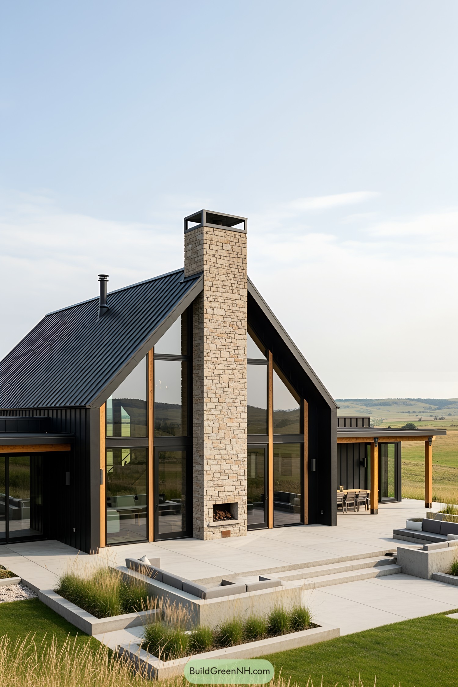 Modern cabin with stone chimney and large windows