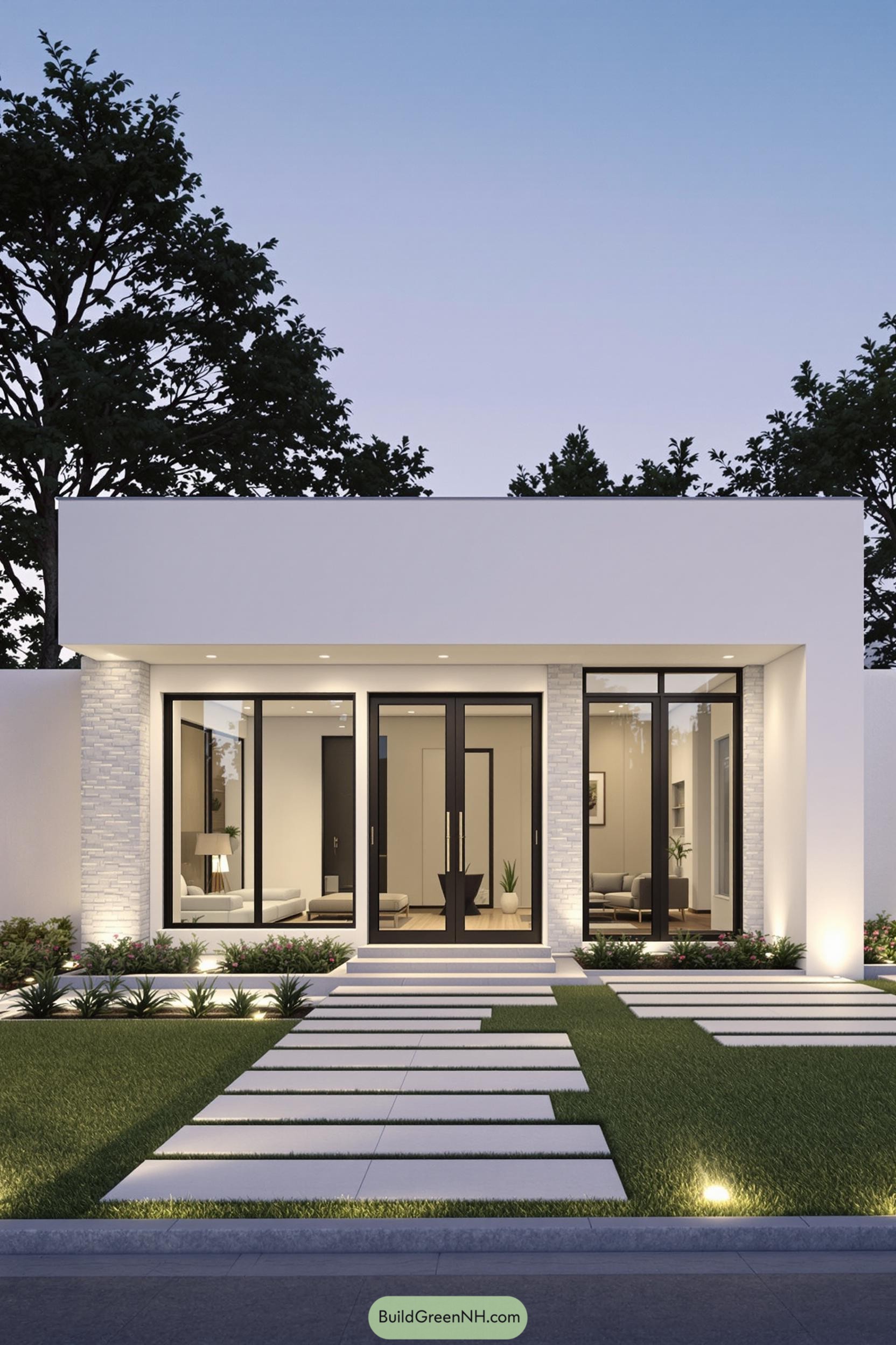 Modern minimalist bungalow exterior with lush garden and pathway