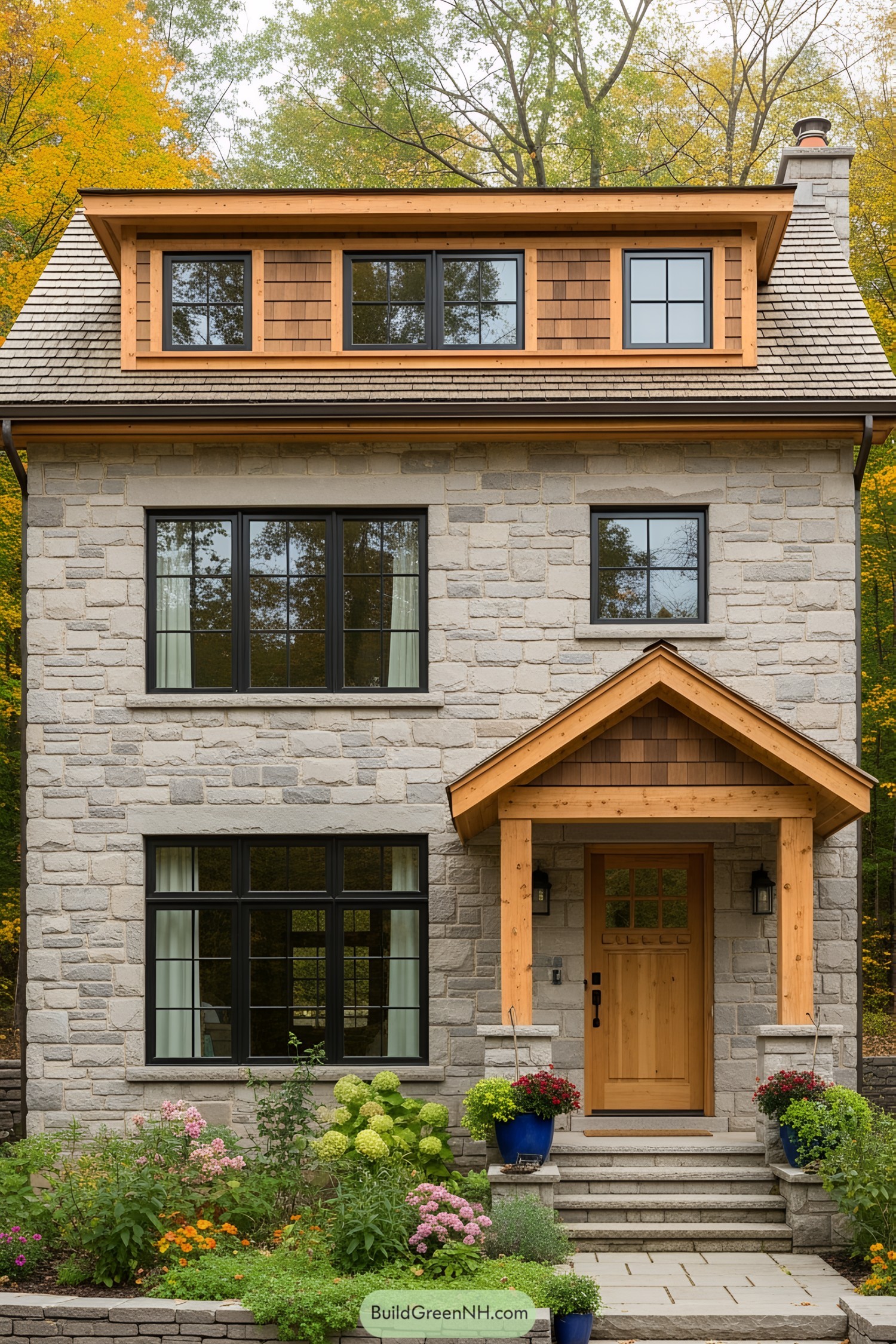Small stone house with wooden accents surrounded by a lush garden