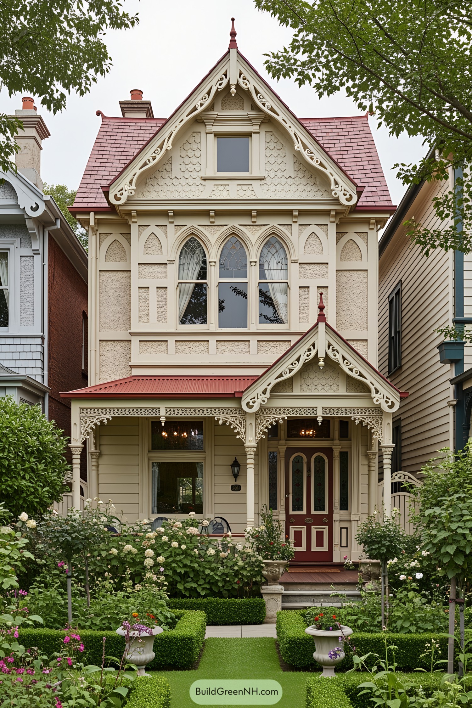 Victorian cottage with ornate trim and lush garden