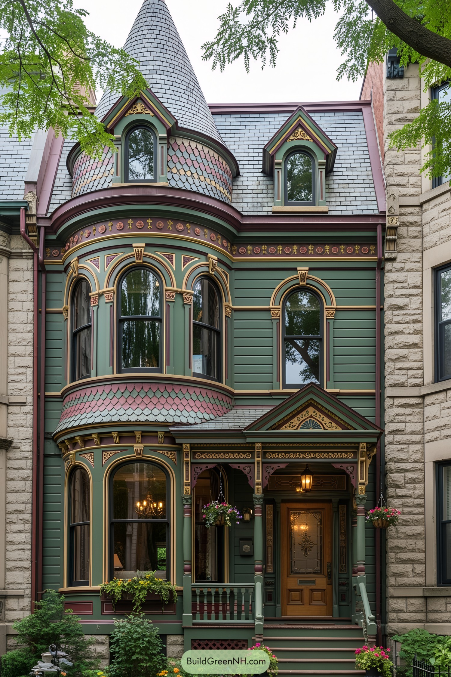 Green Victorian house with turret and decorative details