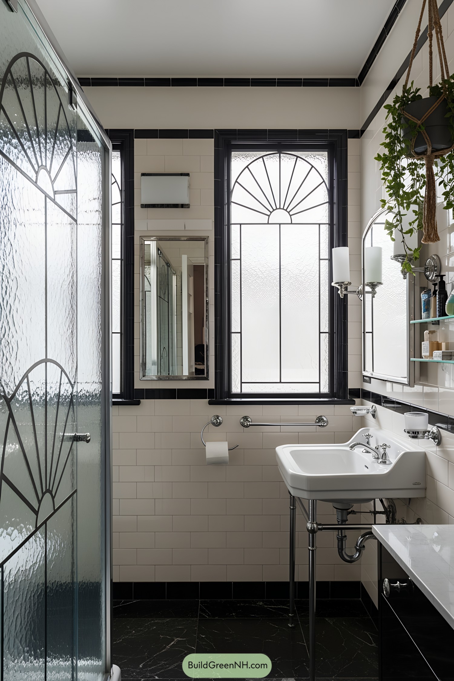 Bright 1920s bathroom with art deco windows and classic fixtures