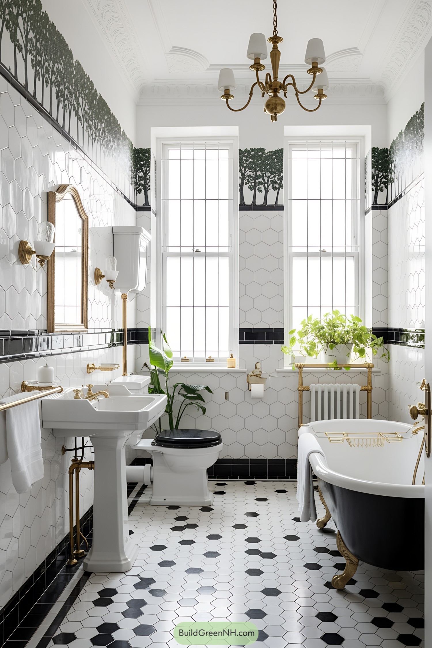Elegant 1920s bathroom with black and white tiles and a clawfoot tub