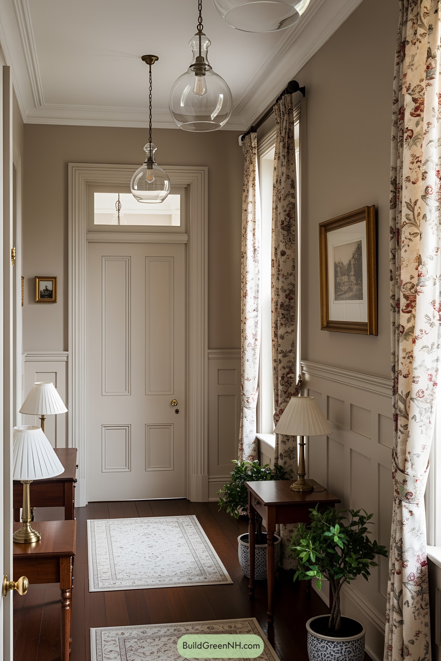 Vintage hallway with floral curtains and wooden furniture