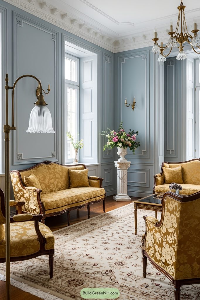 1920s home interior living room with an elegant, classical aesthetic, blending French-inspired Art Deco influences. The color theme is defined by muted powder blue walls adorned with ornate, decorative molding and panels, adding depth and refinement. Tall windows complement the high ceilings, which feature delicate crown detailing and a gold-accented chandelier. Warm, rich wood flooring is partially covered by an intricately patterned area rug in beige and brown hues. Upholstered settees and armchairs in golden brocade fabrics evoke period charm, alongside a vintage brass floor lamp with a fluted glass shade. Accessories include a marble pedestal displaying a lush floral arrangement. The decor is subtly lavish, exuding timeless sophistication and understated glamour.