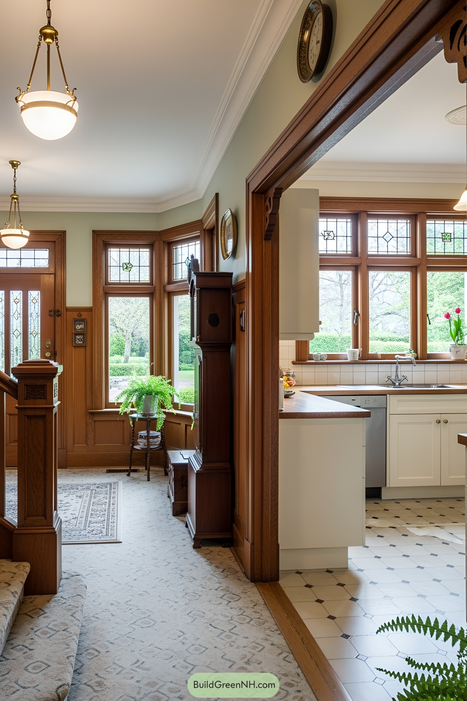 Warm kitchen with wooden accents and greenery