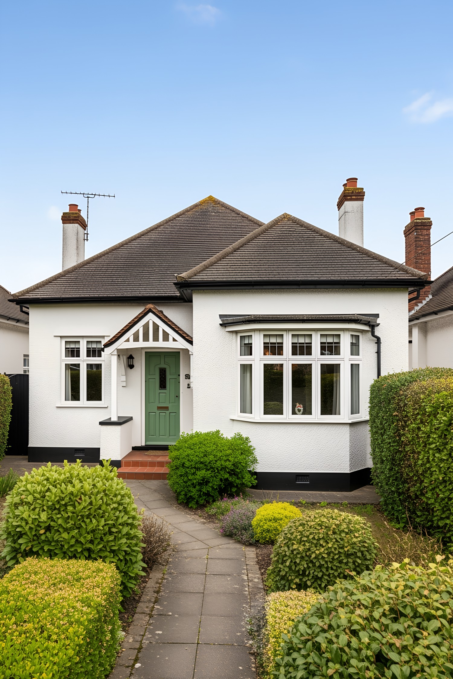 Charming white bungalow with a green door and manicured bushes