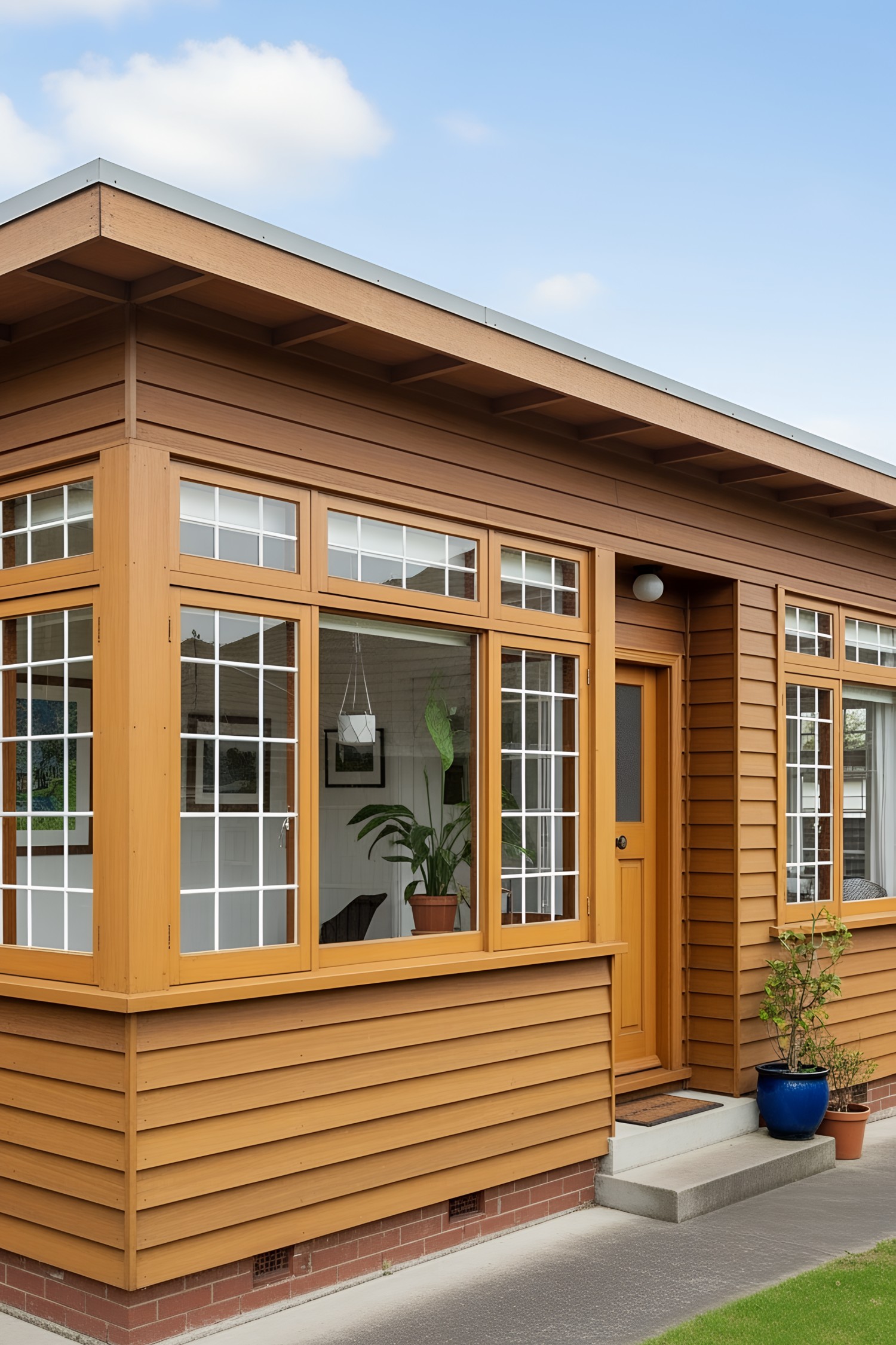 Cozy wooden bungalow with large windows and a vibrant potted plant