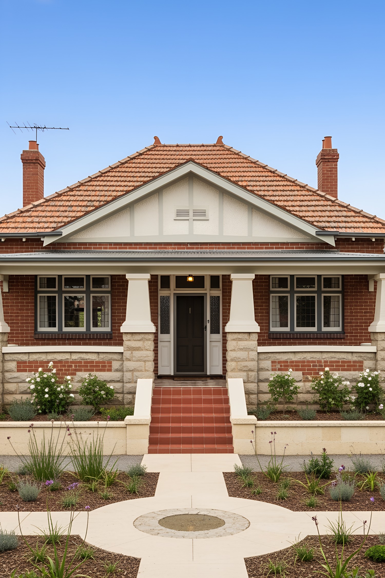 Classic 1930s bungalow with brick facade and lush front yard