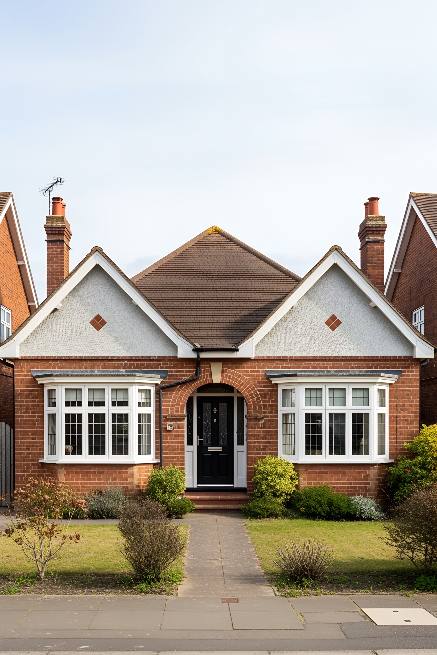 Classic brick bungalow with arched doorway and charming windows
