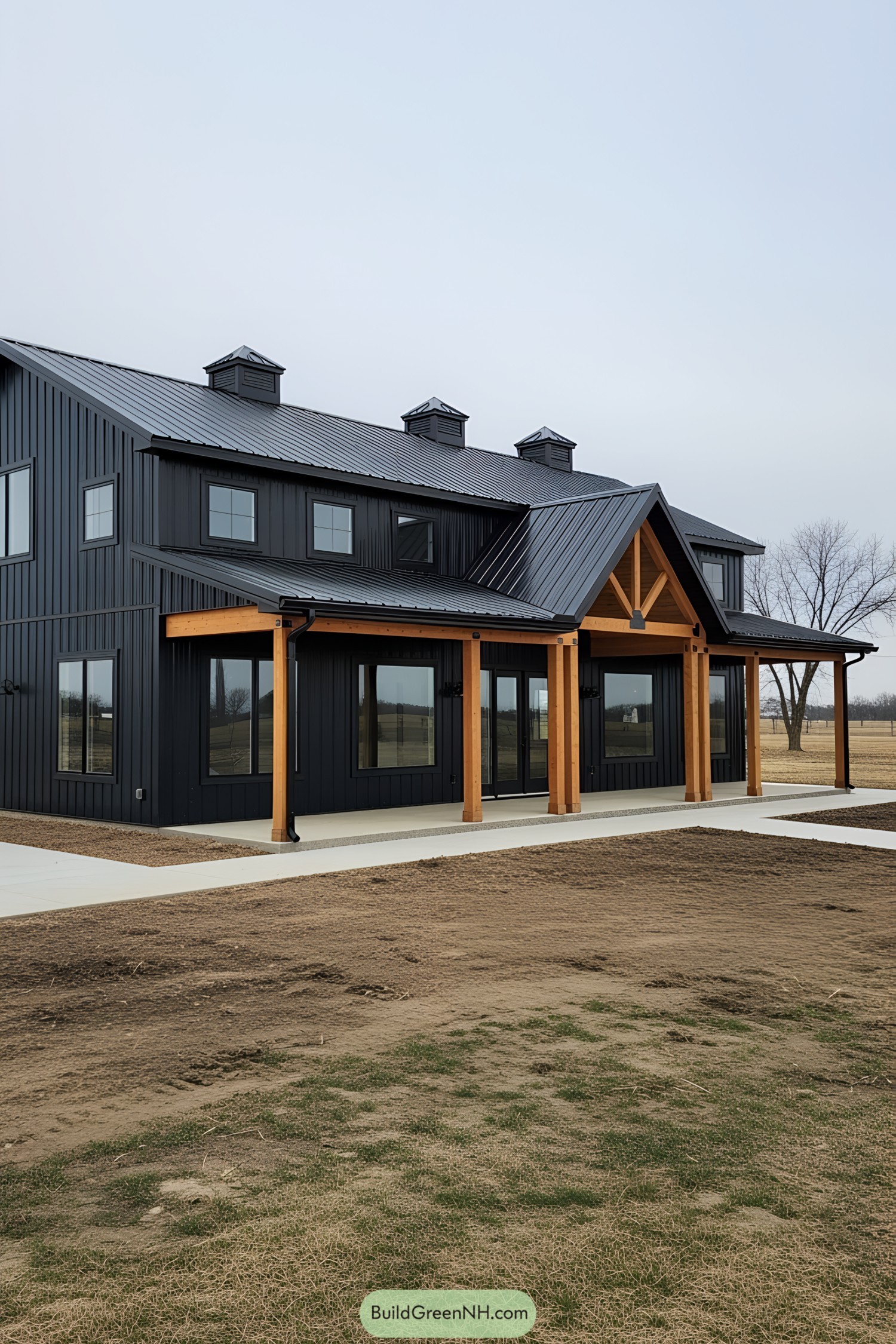 Contemporary black pole barn house with wooden accents