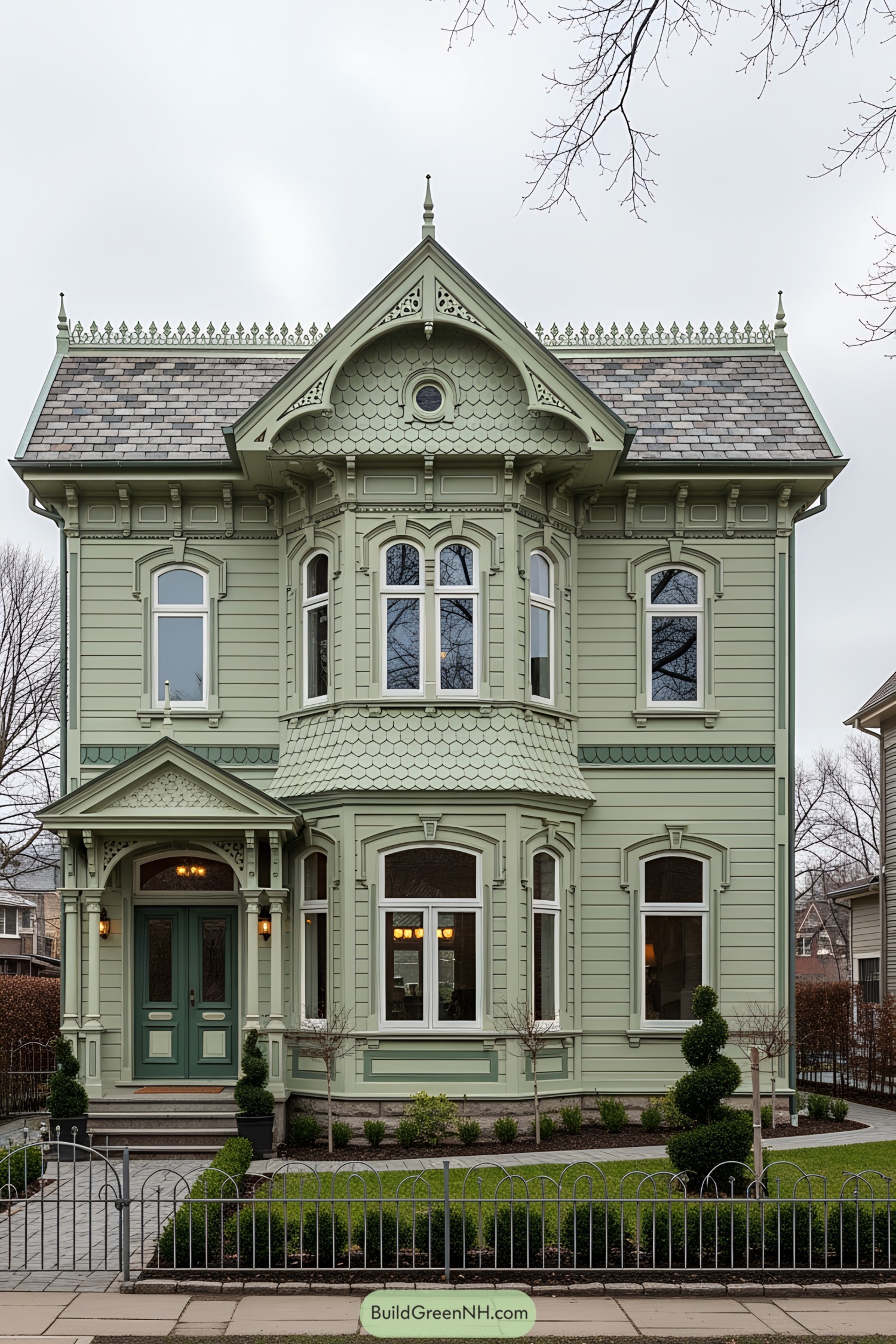 Small pale green Victorian house with ornate details