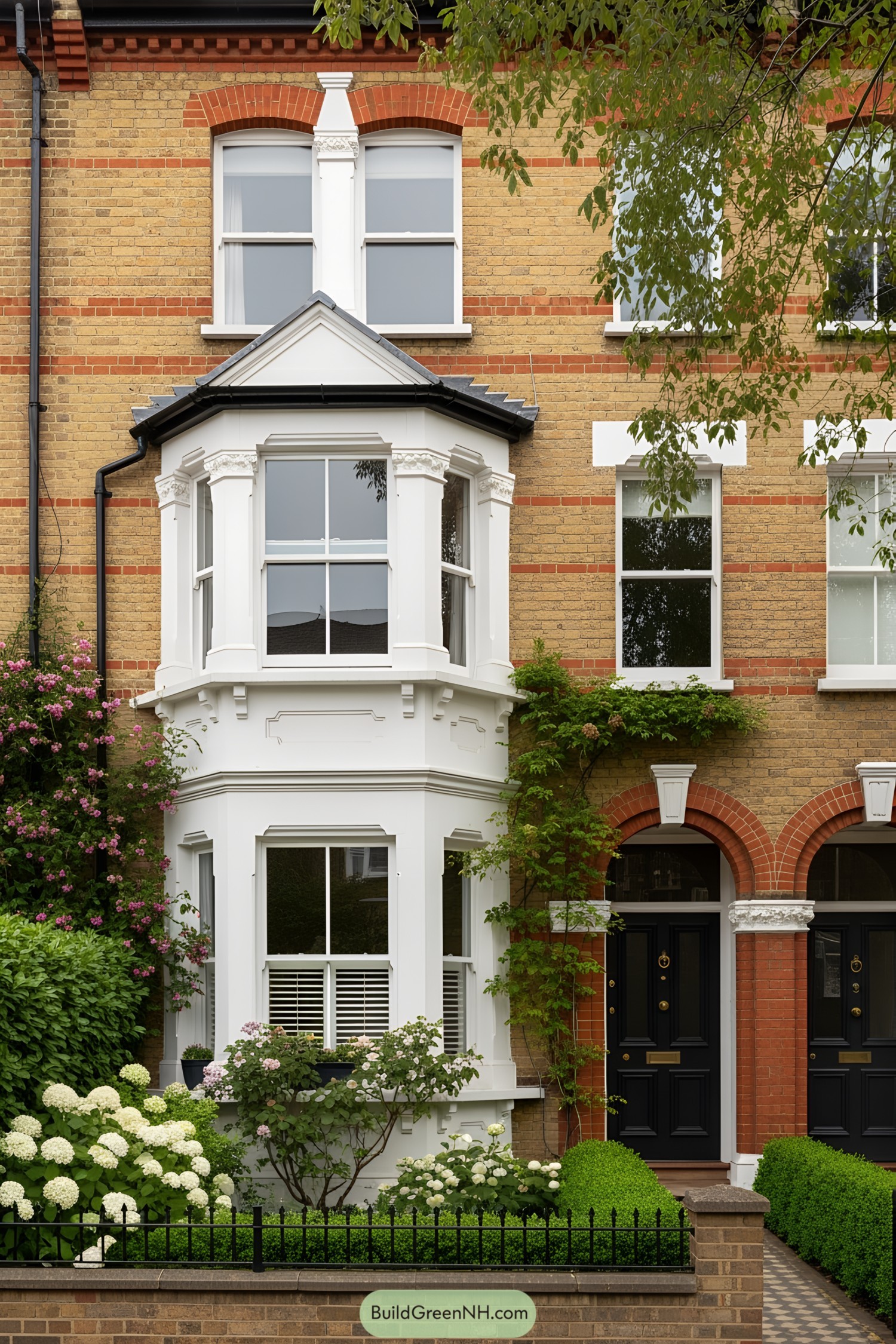 Victorian terrace house with bay windows and lush greenery