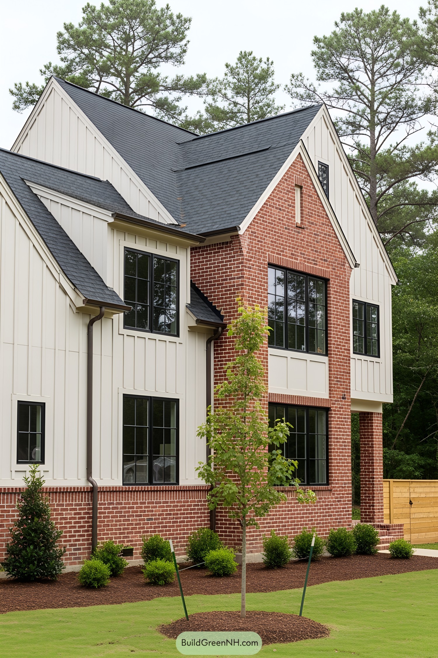 Modern brick farmhouse with black-framed windows