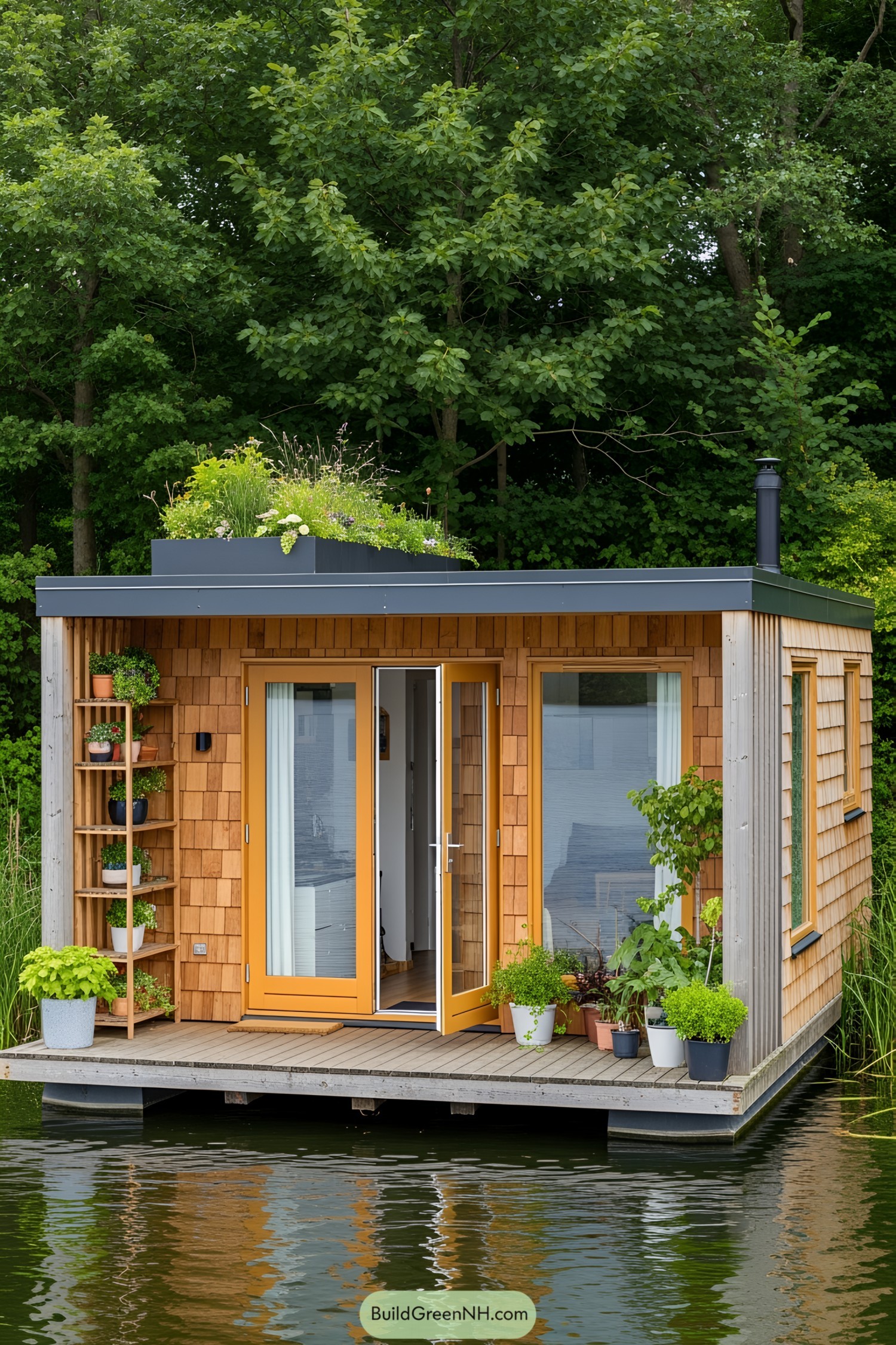 Compact floating cottage with plants and wooden façade