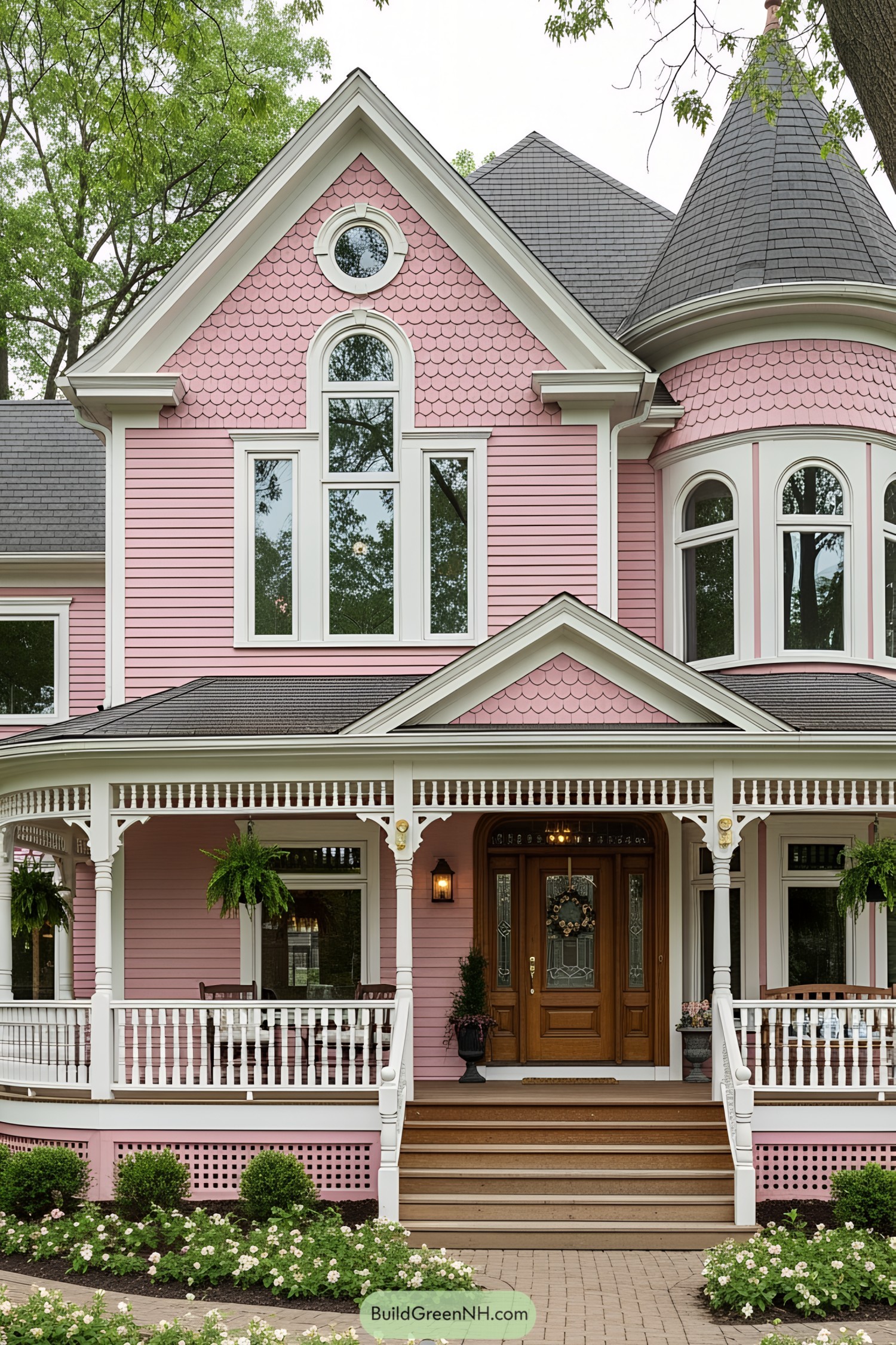 Charming pink Victorian house with ornate porch