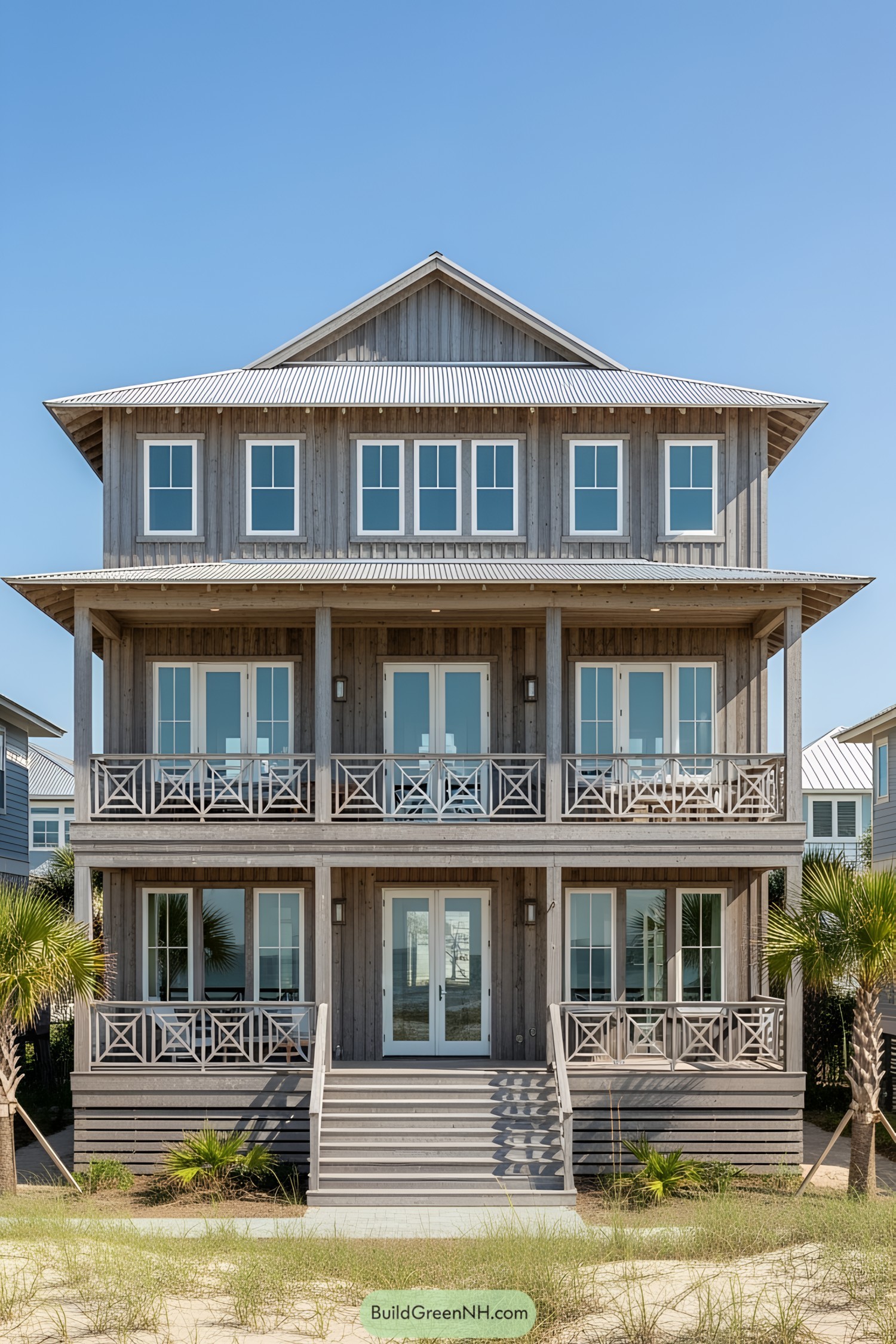 Three-story wood house with several windows and balconies