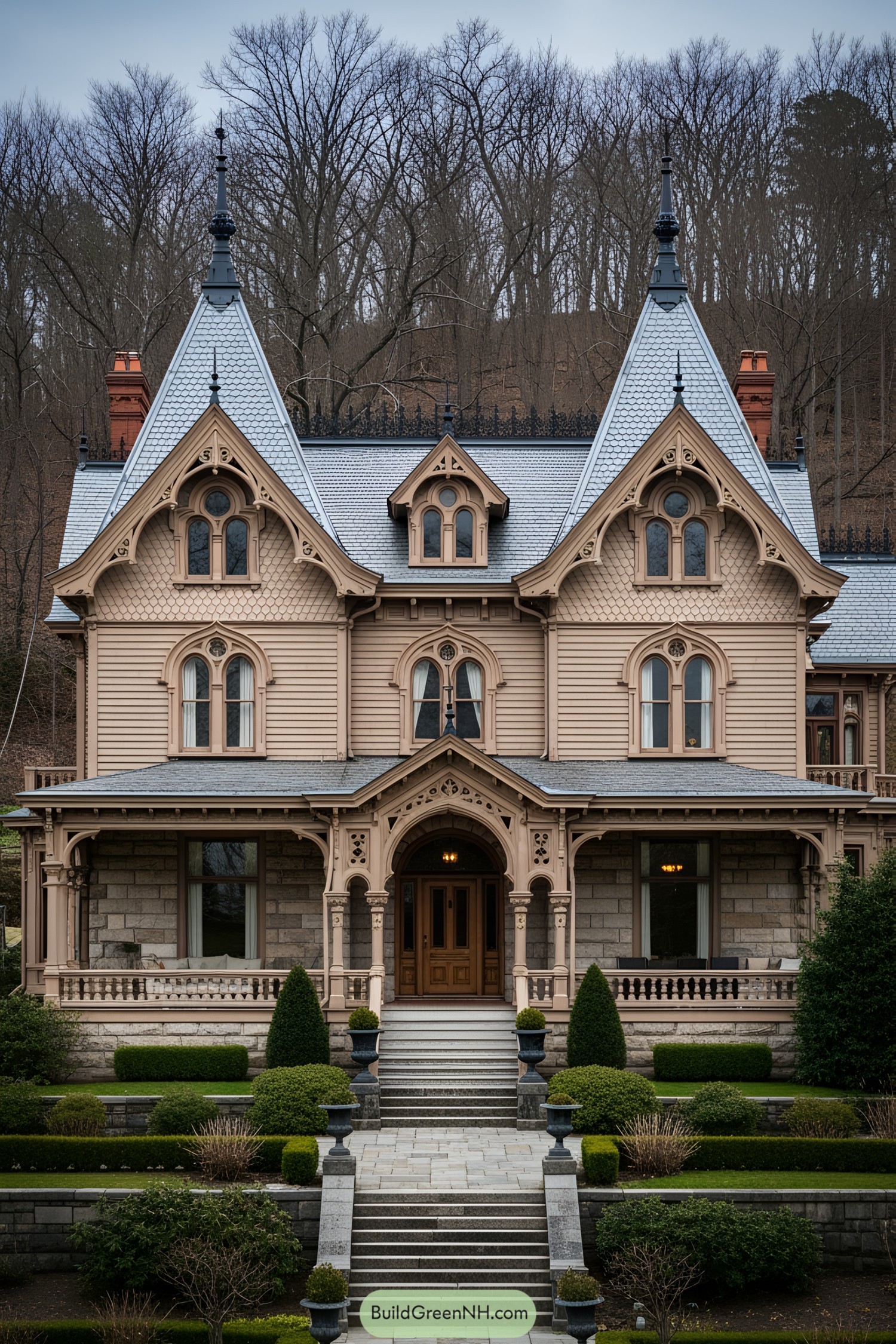 Gothic Victorian house with tall spires and intricate details