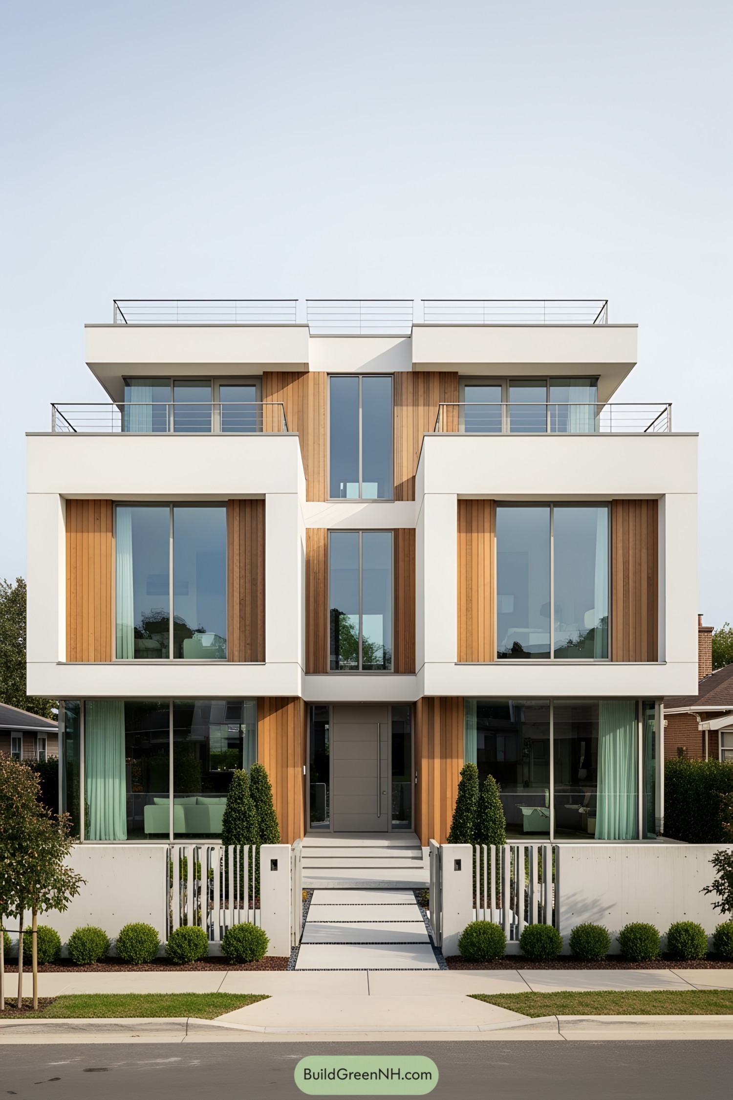 Stylish modern duplex with wooden accents and large windows