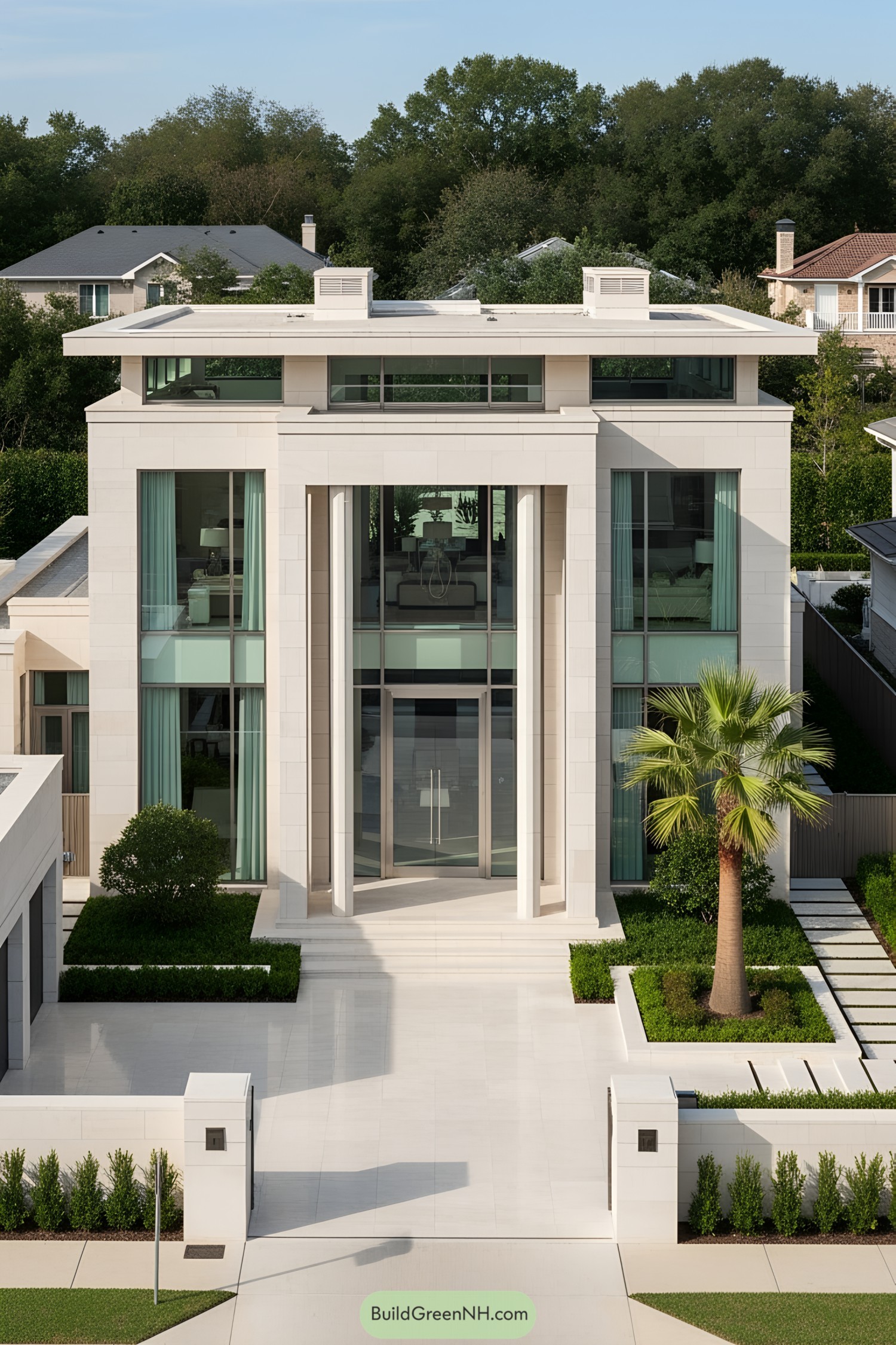 Sleek modern mansion with tall glass windows and lush greenery