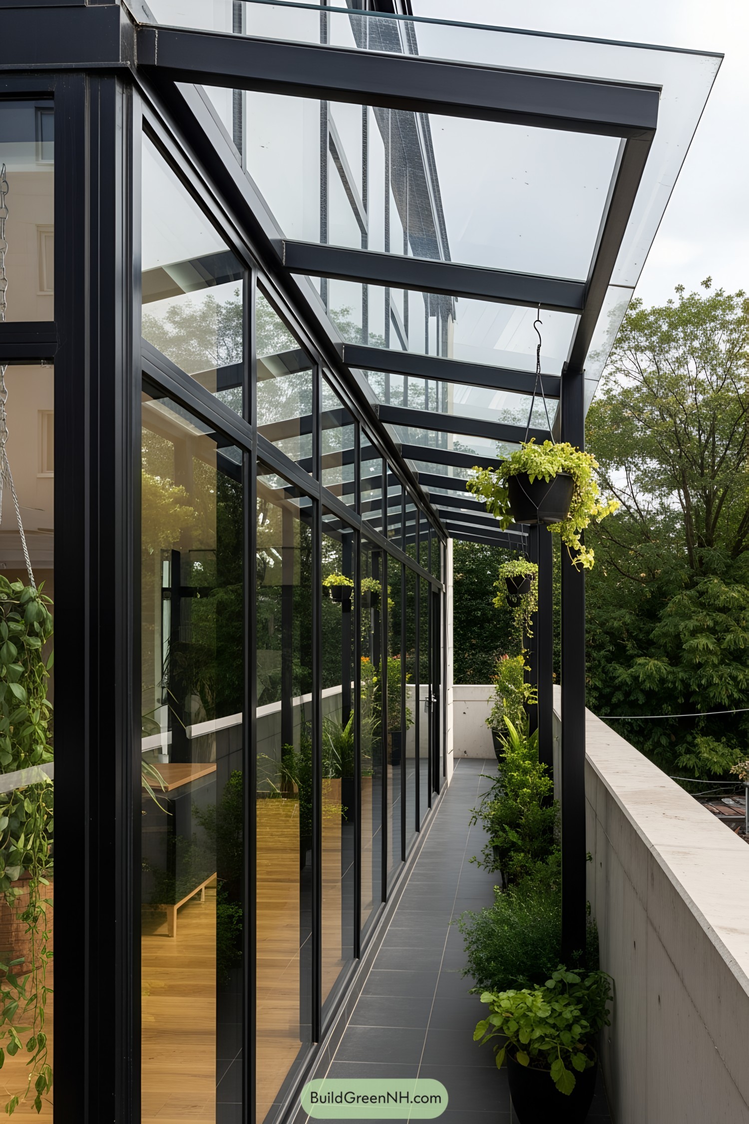 Glass terrace with metal frames and hanging planters