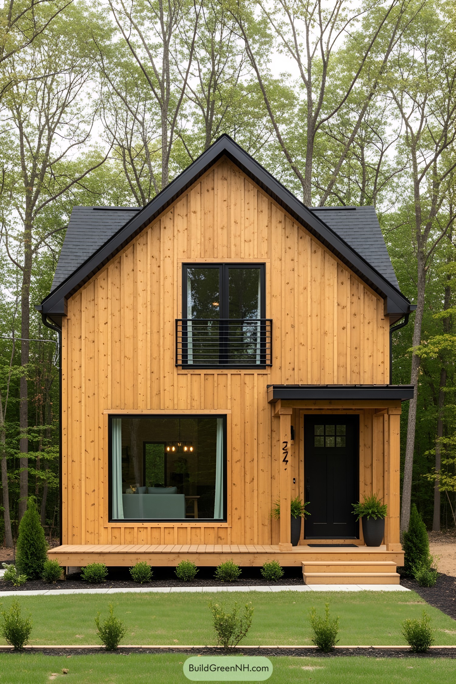 Compact wooden house with a black door and deck