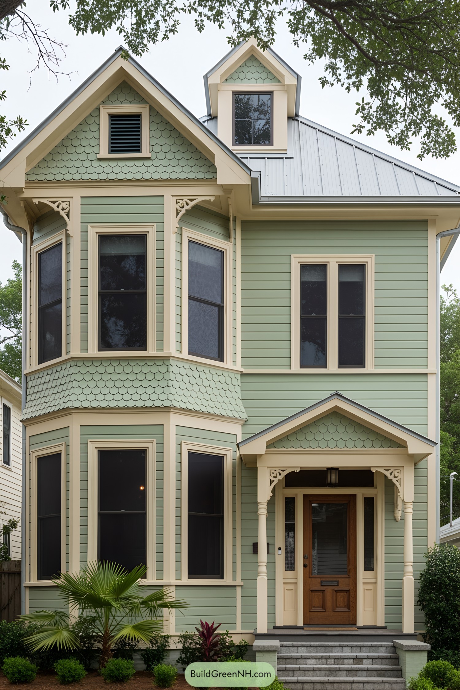 Quaint Victorian cottage with a sage green facade