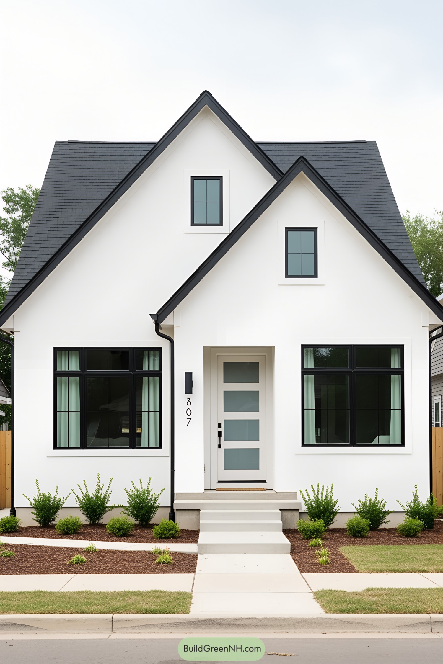 Charming white bungalow with black accents