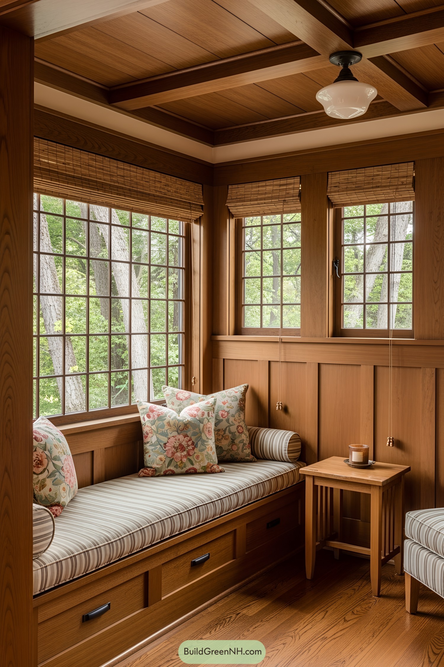 Inviting craftsman-style nook with wooden paneling and cozy bench seating
