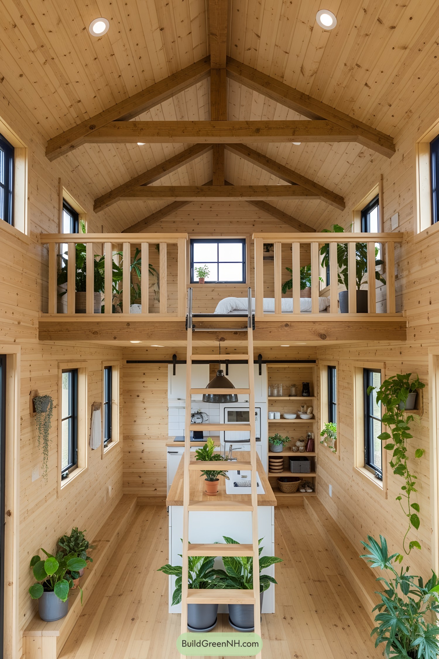 Bright interior of a lofted tiny house with wooden accents