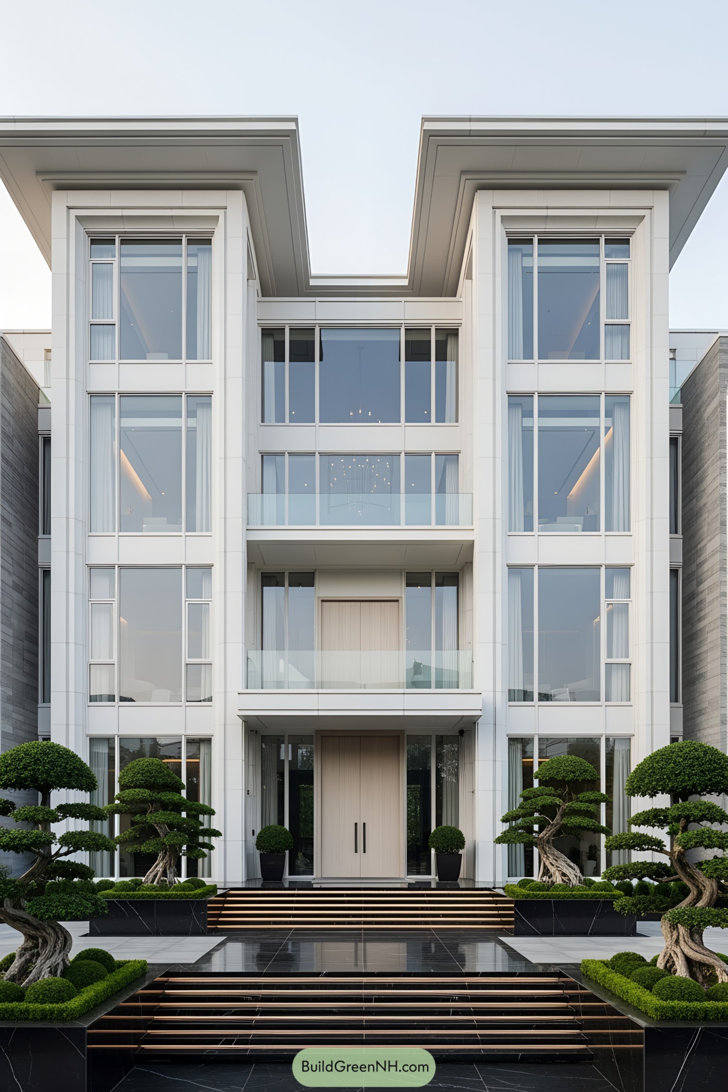 Elegant modern villa with large glass windows and manicured gardens