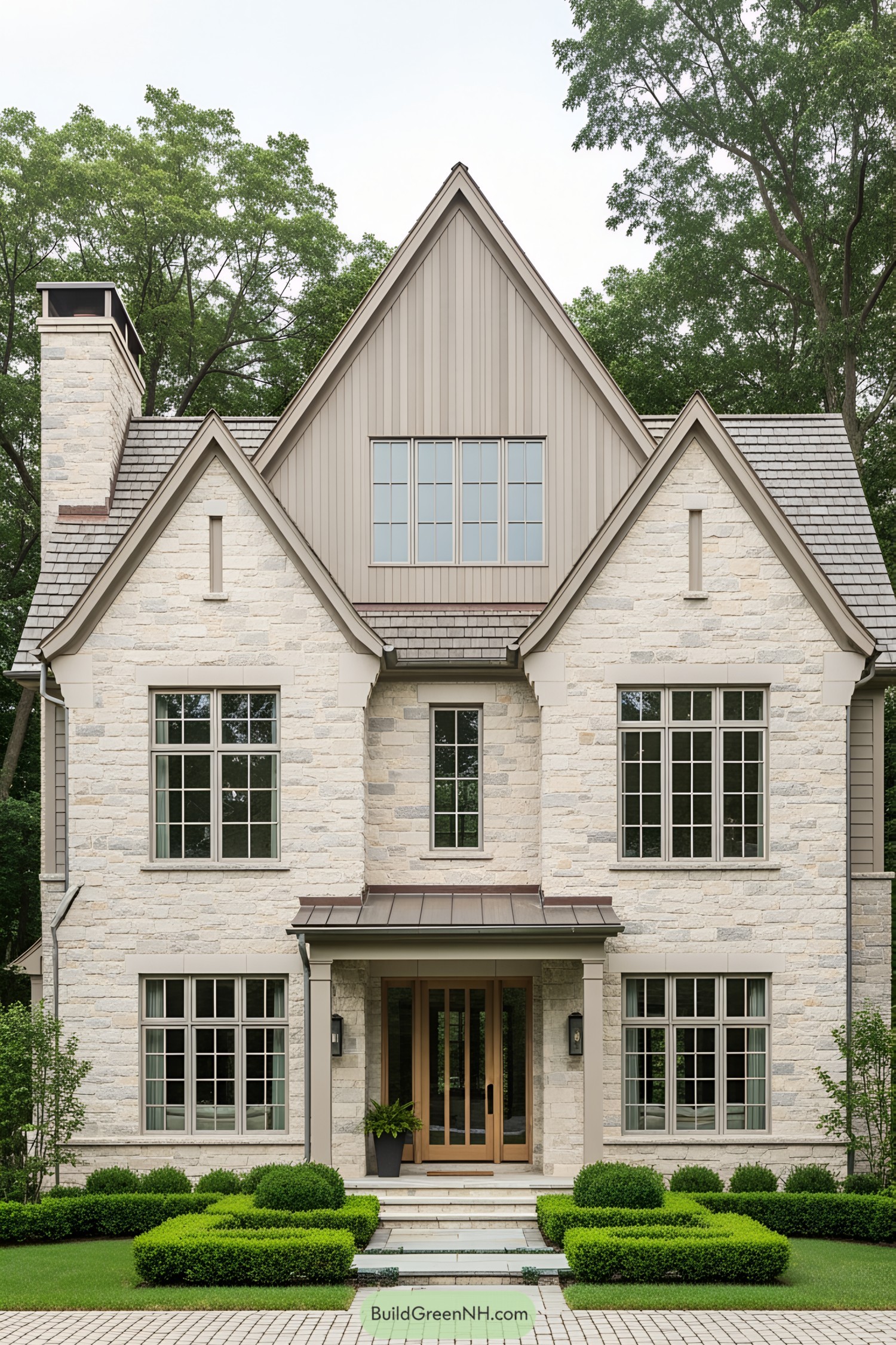 Charming rustic house with a stone facade and lush greenery