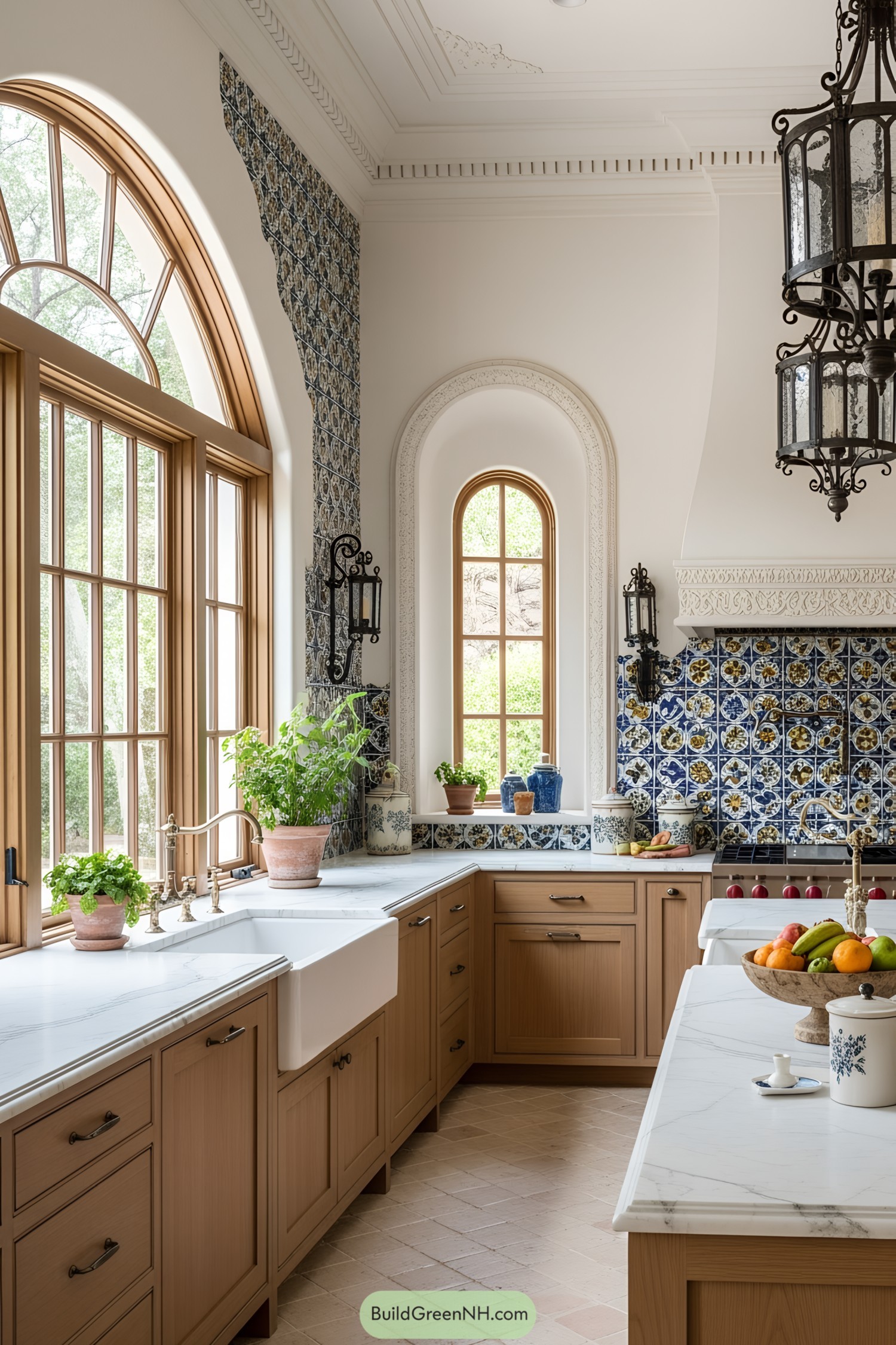 Spanish-style kitchen with intricate tiles and modern wood cabinets