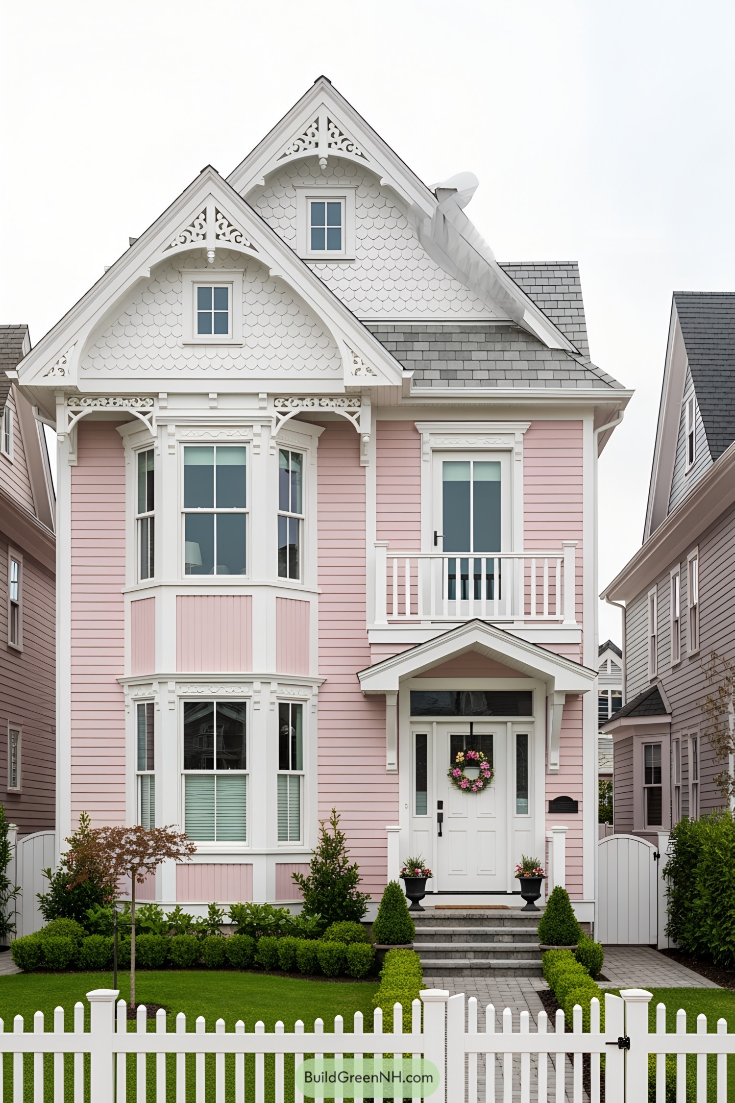 Charming pink Victorian house with ornate details