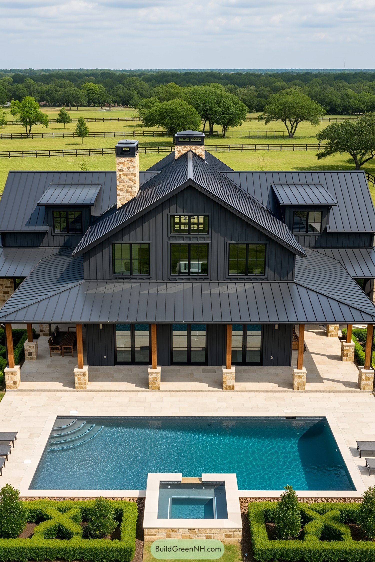 Barndominium with pool and wraparound porch
