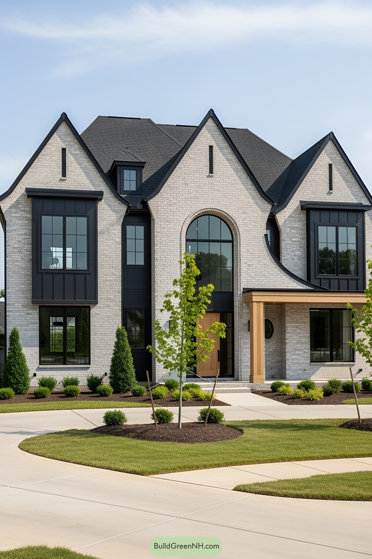 Large brick farmhouse with black accents and arched windows