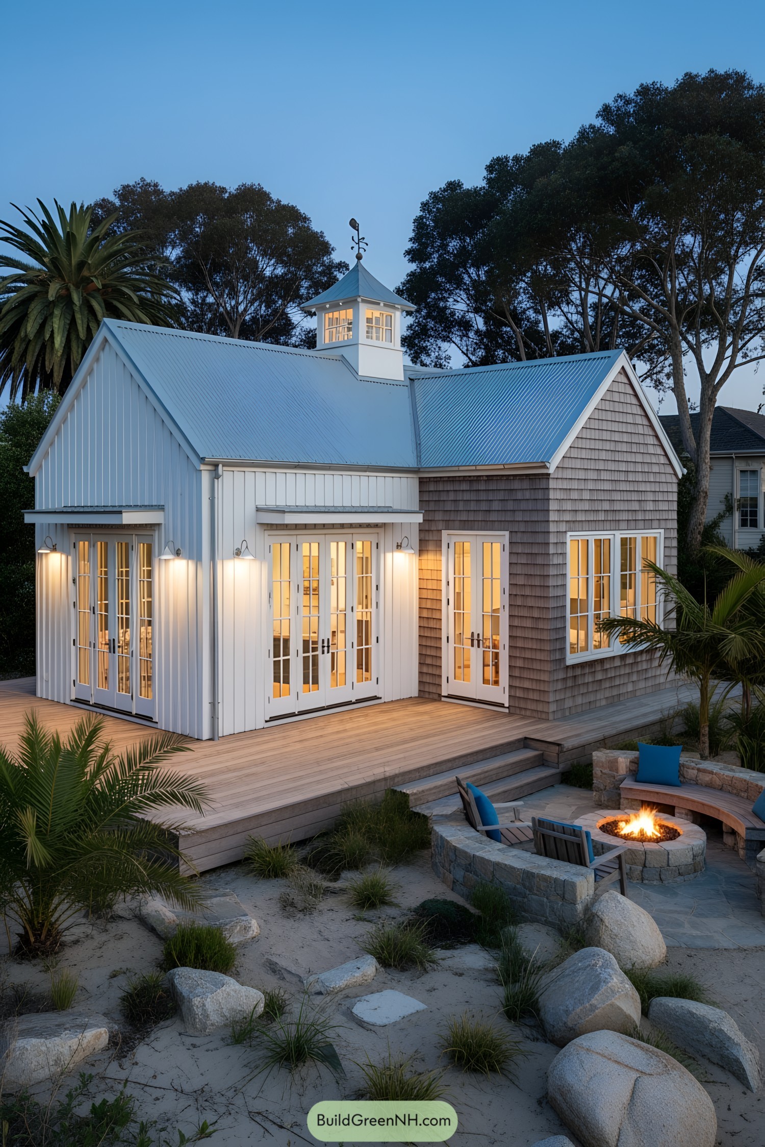 Rustic beach house with cozy fire pit and wooden deck