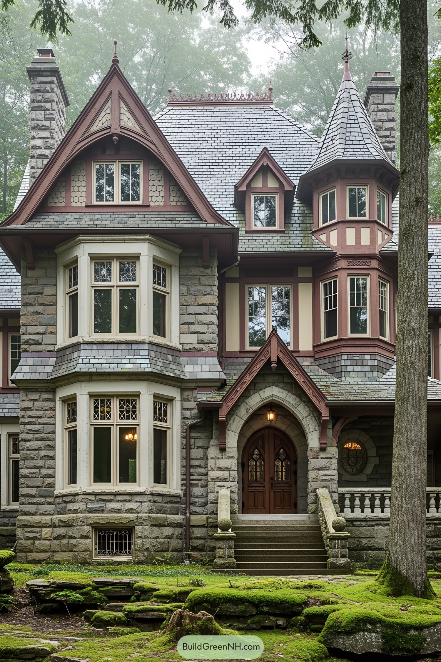 Victorian house with steep gables and a tower