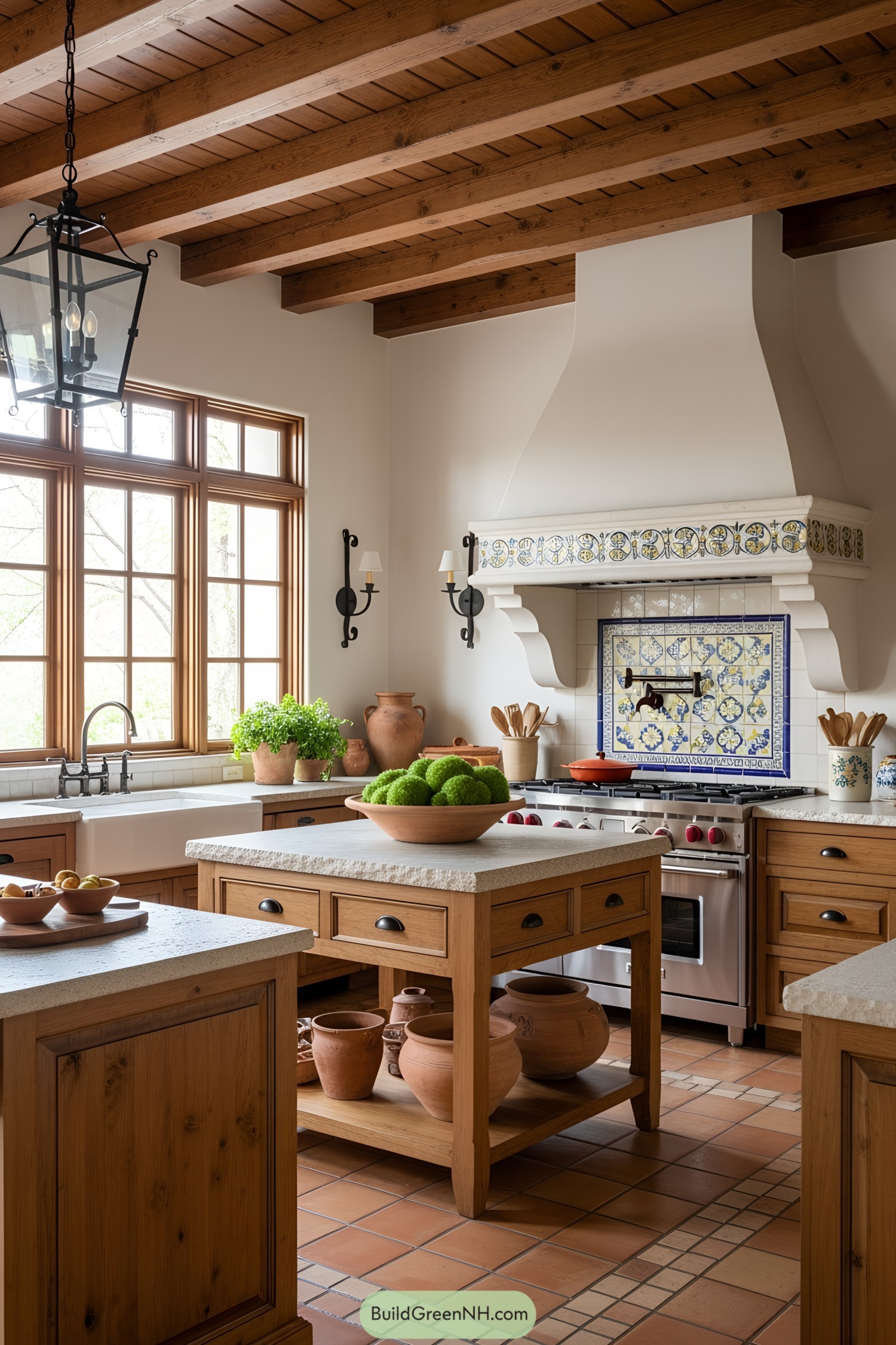 Warm-toned Spanish kitchen with wooden beams and tiled accents