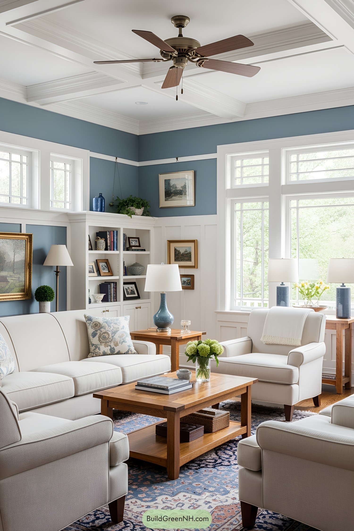 Cozy craftsman style living room with wooden accents and blue walls