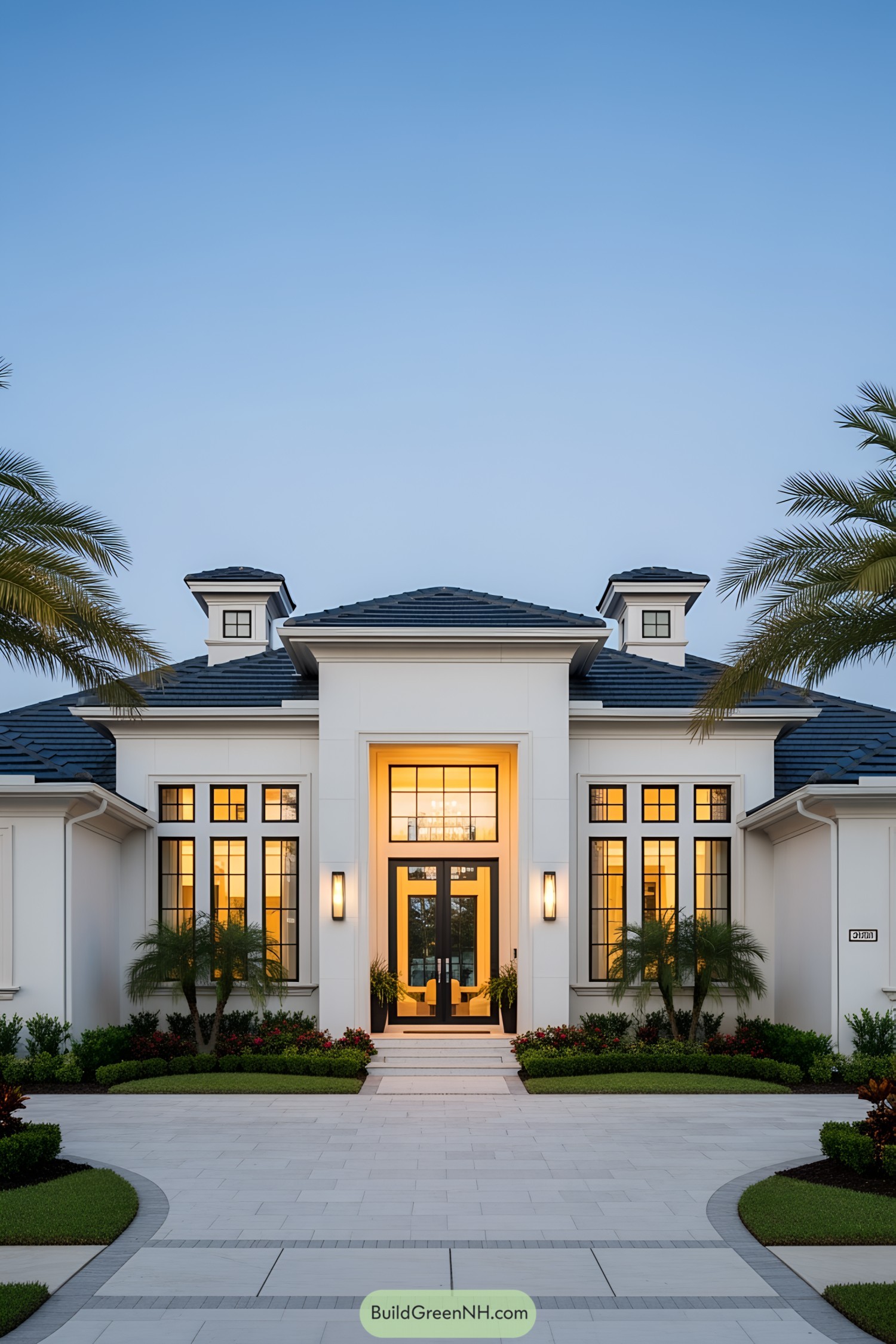 Modern home with glowing windows in evening light