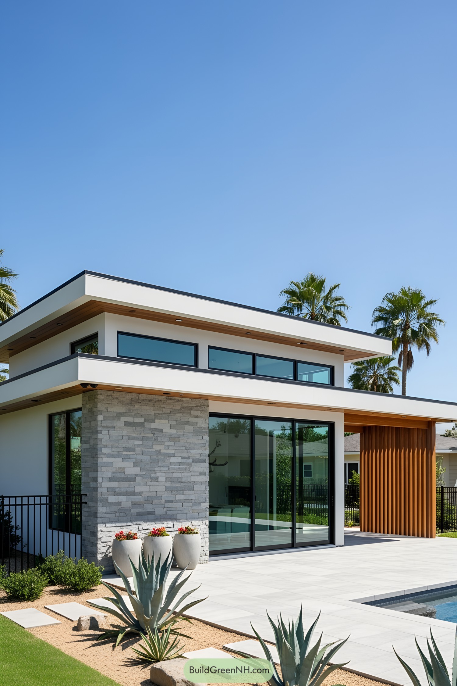 Modern pool house with sleek design and large windows