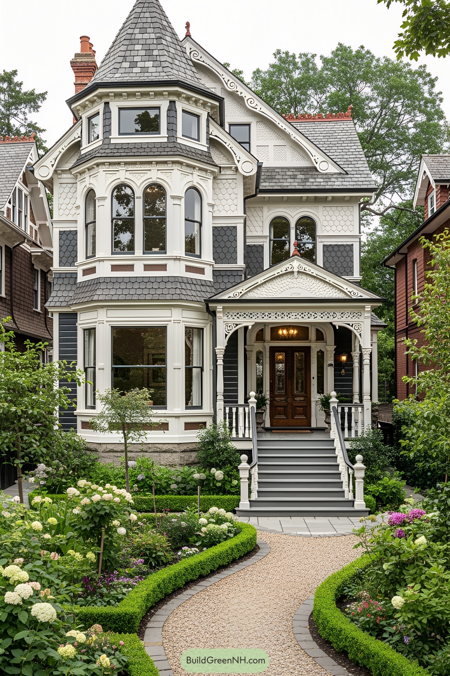Quaint Victorian house with a grand turret and lush garden