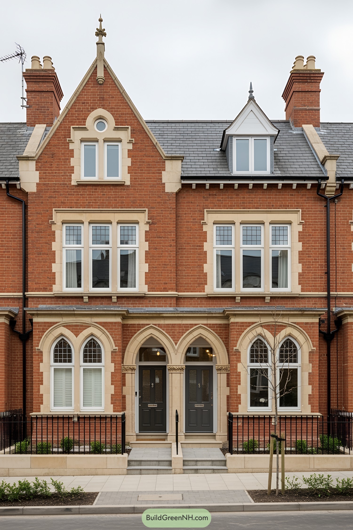 Victorian terrace with ornate brick facade and arched windows