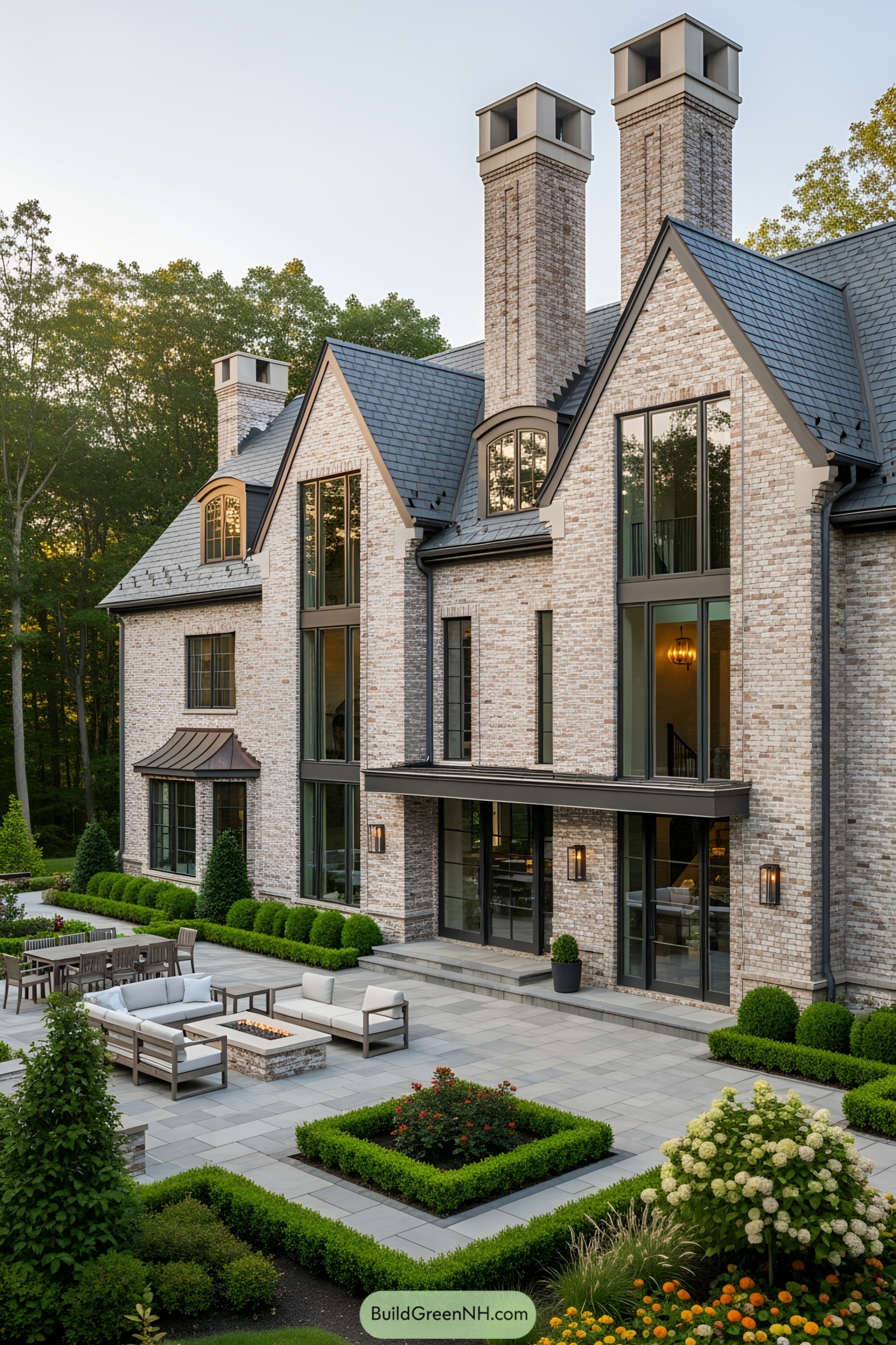 Stunning brick house with tall chimneys and large patio