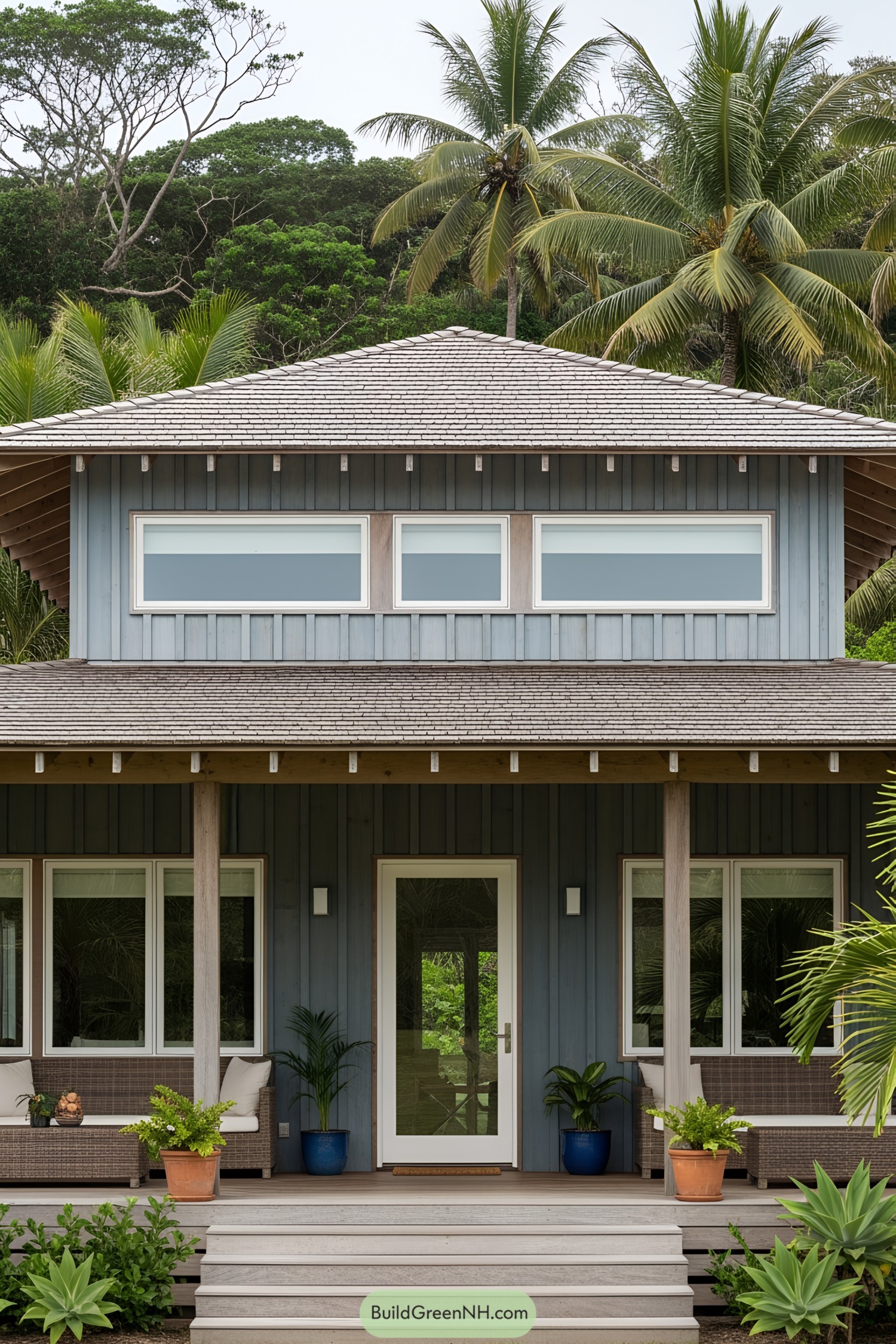 Blue rustic beach house with a porch and palm trees