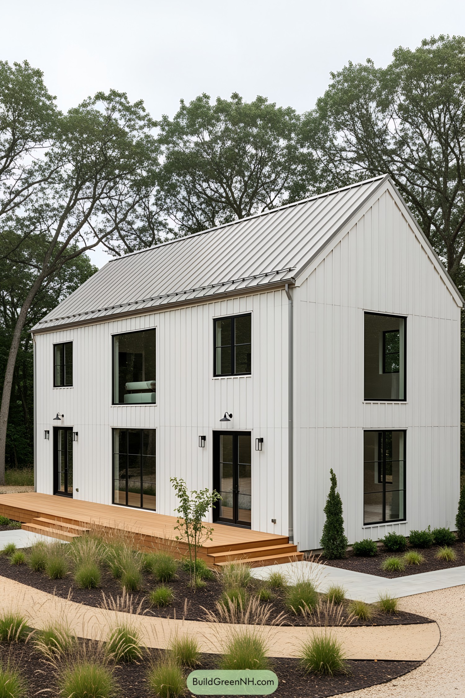 Modern white barn house surrounded by trees with a wooden deck and landscaped garden