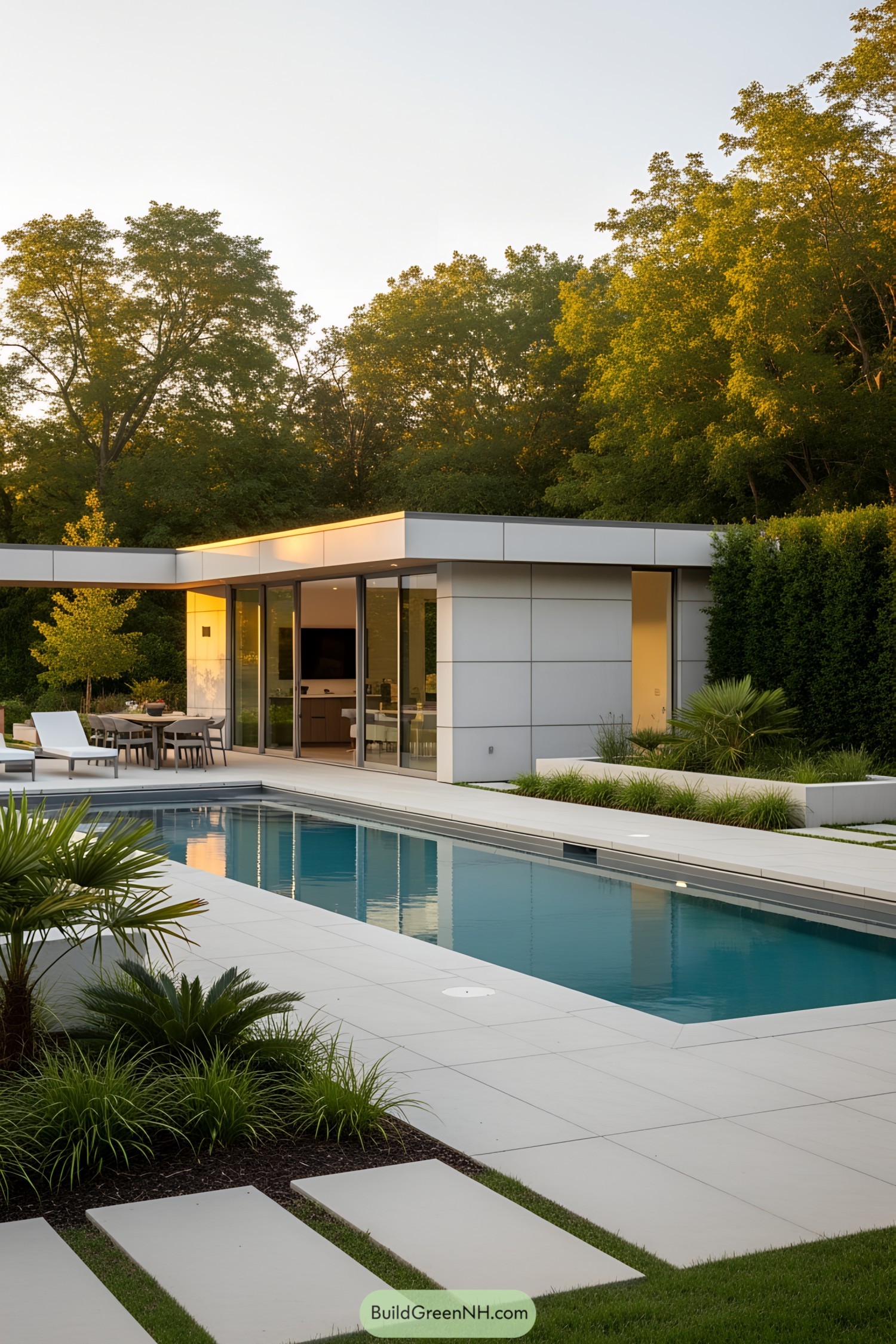 Modern pool house with sleek design and pool