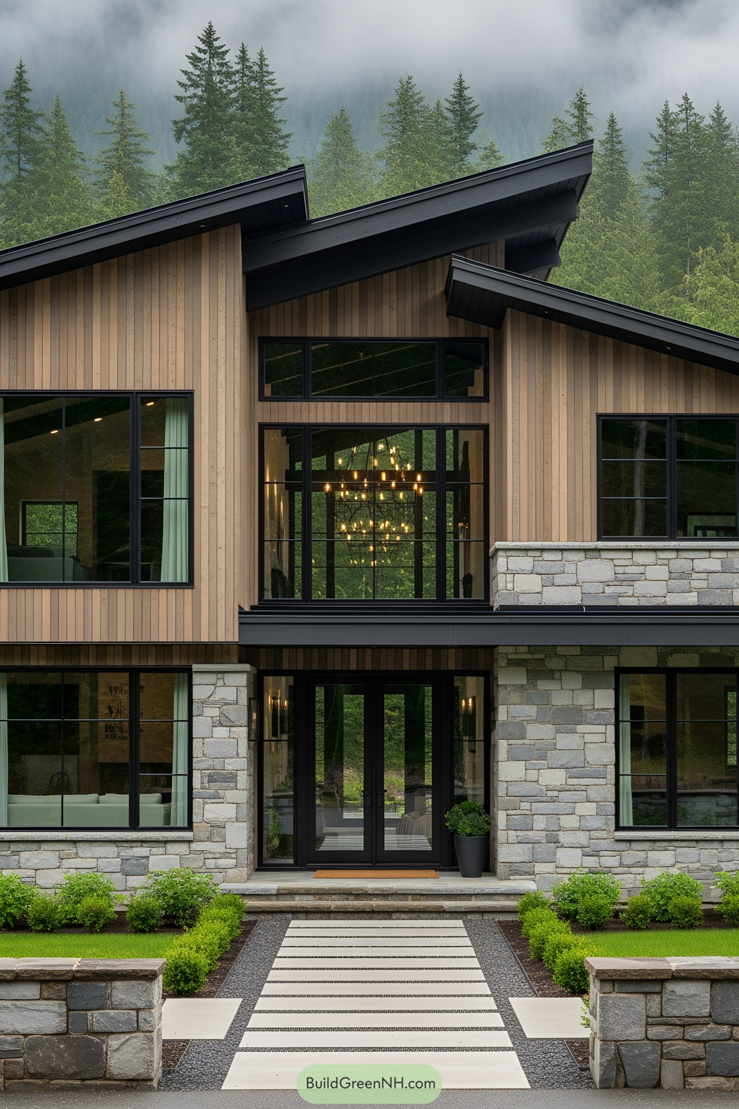 Modern wood and stone house with large windows